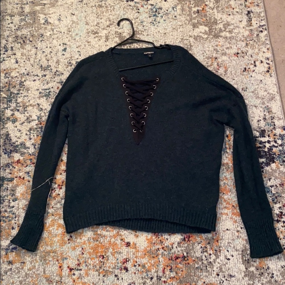 Dark green lace up sweater - EXPRESS